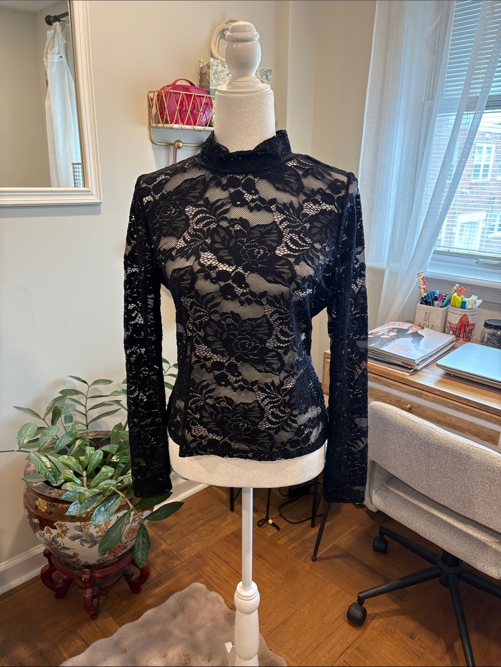 Aqua Black Floral Lace Mock-Neck Long-Sleeve Top